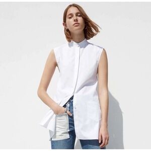 Helmut LangWhite Sleeveless Top Tunic Shirt Dress Tie Back Mandarin CollarPocket